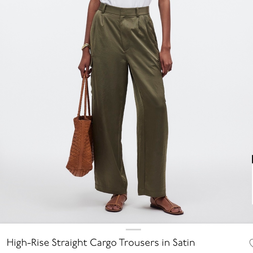 Madewell Satin High-Rise Straight Cargo Trousers - Olive Green NWT